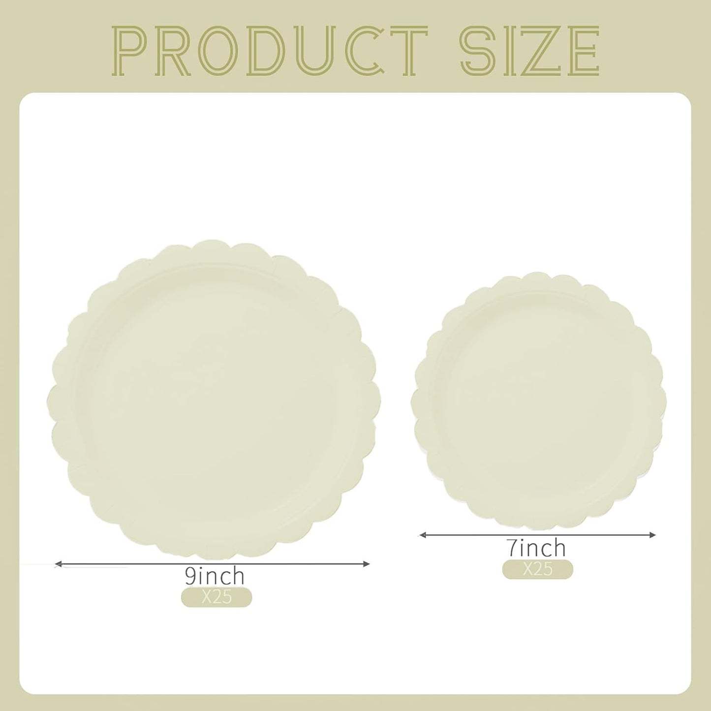 BEFORYOU 50PCS Scalloped Disposable Paper Plates 9IN Dessert Cake Party Plates for Baby Shower, Wedding,Bridal Shower Birthday Party Supplies (Milky-White, 7IN and 9IN)