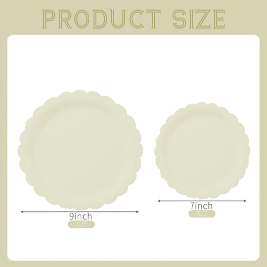 BEFORYOU 50PCS Scalloped Disposable Paper Plates 9IN Dessert Cake Party Plates for Baby Shower, Wedding,Bridal Shower Birthday Party Supplies (Milky-White, 7IN and 9IN)