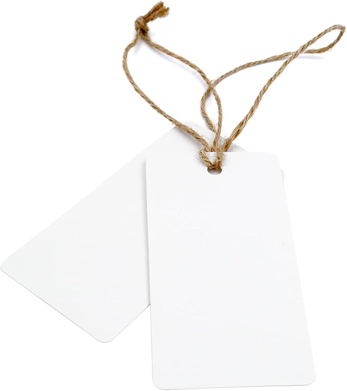G2PLUS 100PCS Blank Gift Tags,3.5” x 1.7” White Kraft Paper Gift Tag with String, Rectangle Hanging Tags for Arts and Crafts Wedding Holiday, Teachers Day,Christmas,Thanksgiving,Party Favors