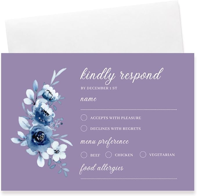 crafty-bell Glossy Finish Personalized Wedding RSVP Response Cards with White Envelopes, Blue Floral Design, 15 Count Respond Cards in Glossy Finish (Purple)