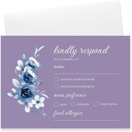 crafty-bell Glossy Finish Personalized Wedding RSVP Response Cards with White Envelopes, Blue Floral Design, 15 Count Respond Cards in Glossy Finish (Purple)