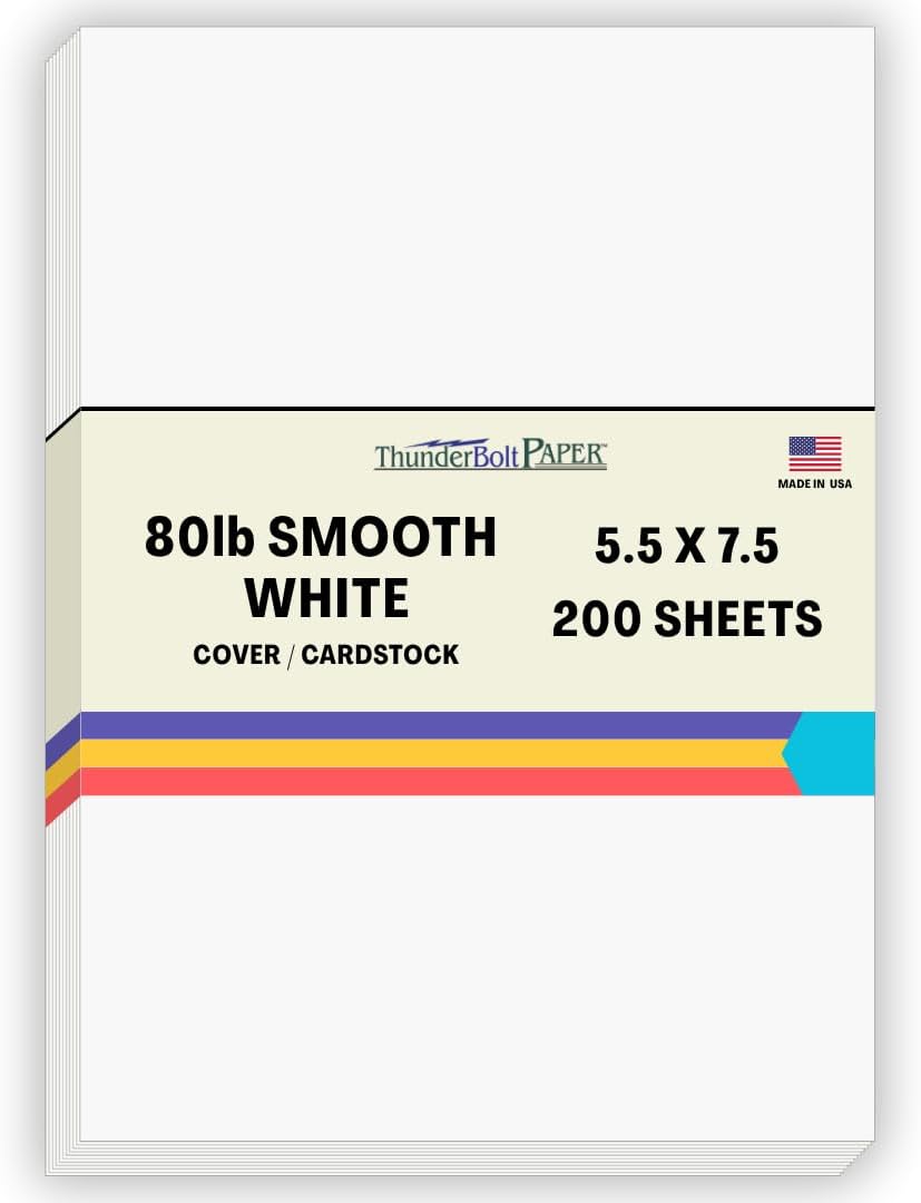 200 Bright White Smooth Card Paper Sheets - 80# (80 lb/pound) Cover Weight - 5.5" X 7.5" (5.5X7.5 Inches) Photo|Card|Frame Size - Quality Paper - Smooth Finish