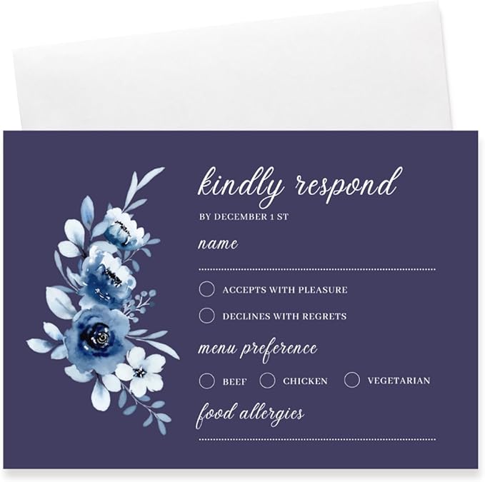 crafty-bell Glossy Finish Personalized Wedding RSVP Response Cards with White Envelopes, Blue Floral Design, 15 Count Respond Cards in Glossy Finish (Navy Blue)