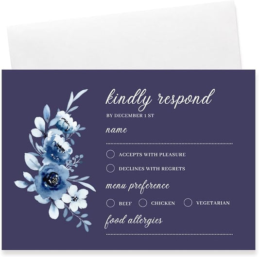 crafty-bell Glossy Finish Personalized Wedding RSVP Response Cards with White Envelopes, Blue Floral Design, 15 Count Respond Cards in Glossy Finish (Navy Blue)