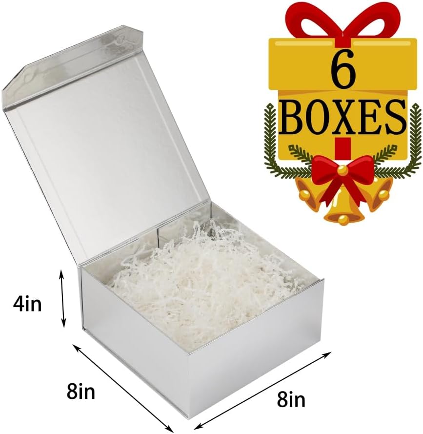 6 Pcs Silver Gift Box 8x8x4 Inch Small Magnetic Gift Boxes with Crinkle Paper Silver Small Gift Box with Lids for Presents