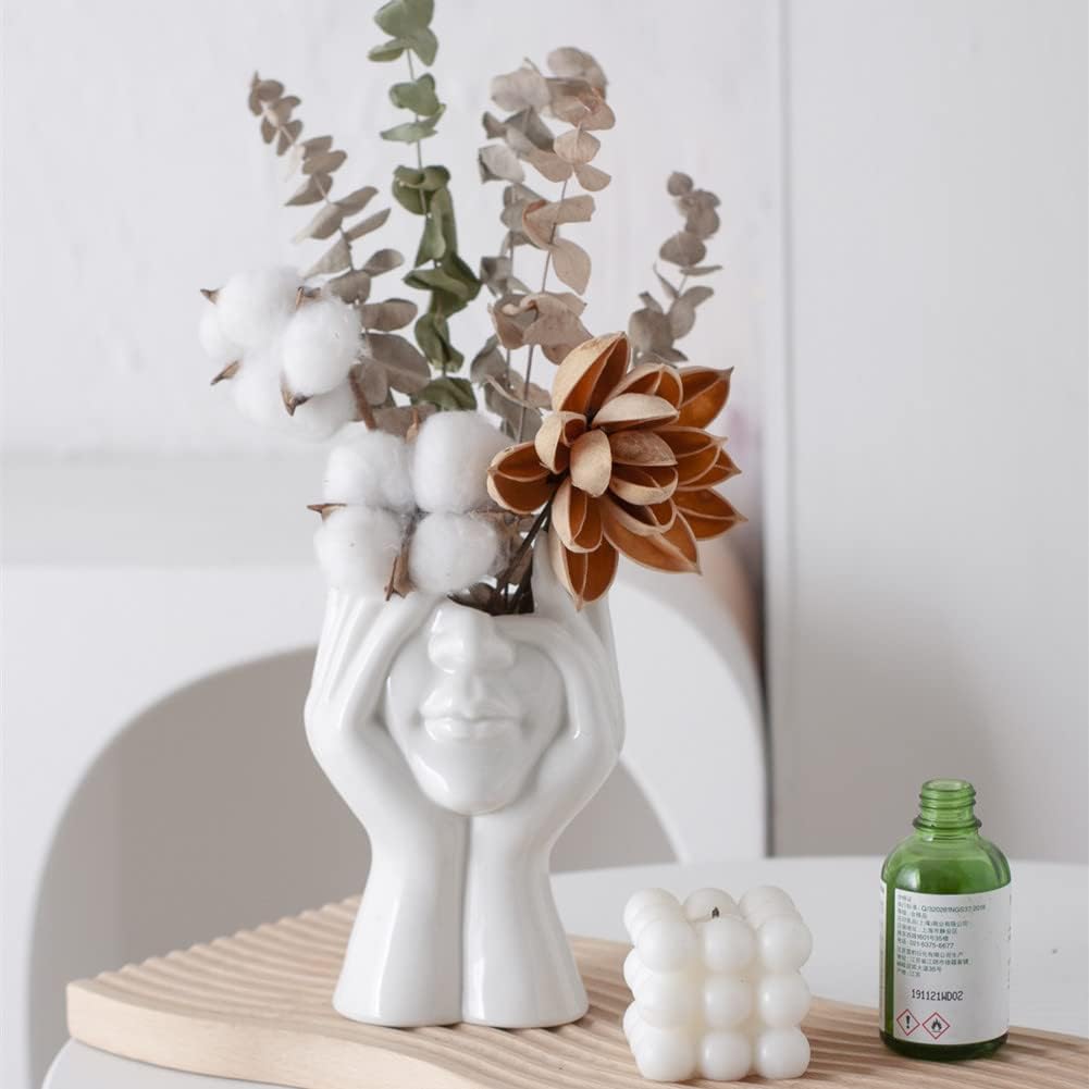 White Ceramic Face Vase, Female Form Head Half Body Bust Vases Boho Feminist Minimalism Decorative Modern Nordic Style Flower Vase for Home Living Room Office Book Shelf Decor (Medium)