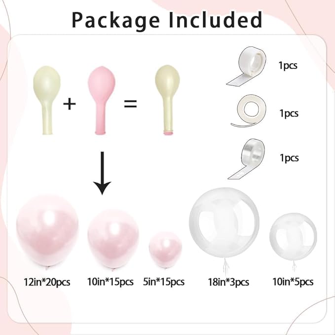 Pearl Pink Balloon Arch Double Stuffed Pastel Light Baby Pink Balloon Garland Different Sizes With Clear Balloons for Birthday Wedding Valentines Day Bridal Baby Shower Engagement Party Decor