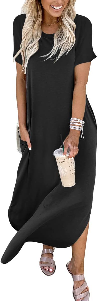 ANRABESS Womens Summer Maxi Dress Short Sleeve Casual Loose Long T Shirt Dresses Split Vacation Beach Sundress Travel Outfits