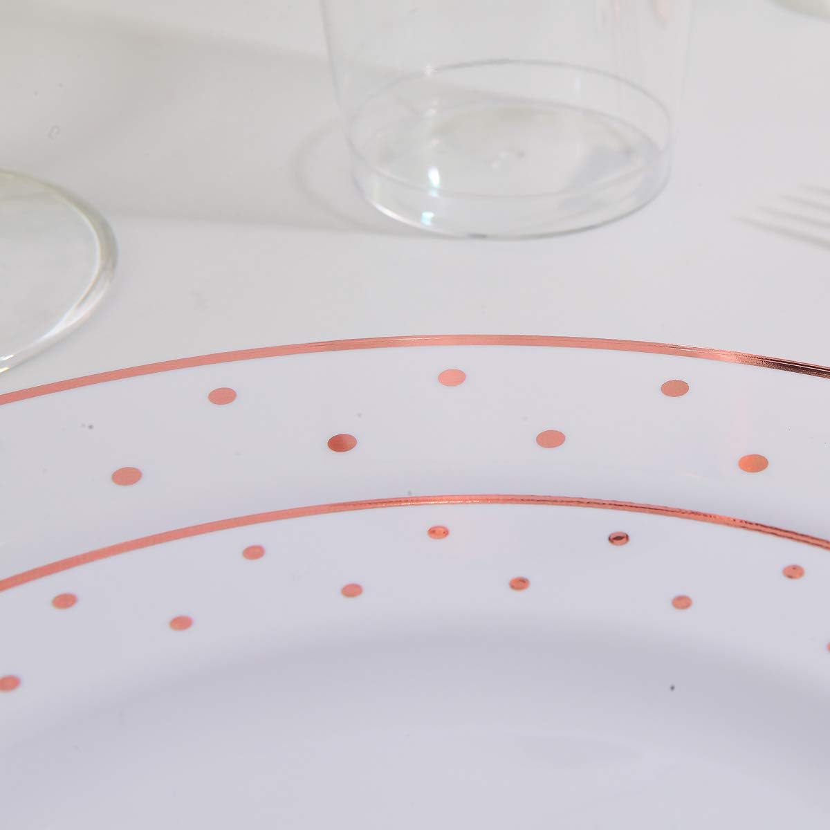 WELLIFE 350 PCS Rose Gold Plastic Plates, Disposable Rose Gold Plates, Includes: 50 Dinner Plate, 50 Dessert Plate, 50 Forks, 50 Knives, 50 Spoons, 50 Cups, 50 Dot Napkins for Weddings and Party