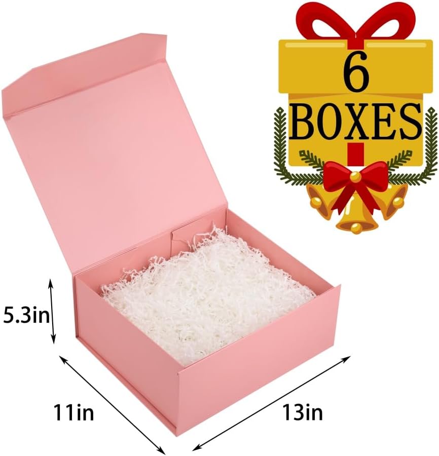 6 Pink Gift Boxes, 13x11x5.3 Inch, Magnetic Lids, Crinkle Paper, Perfect for Birthdays and Gift-Giving Occasions