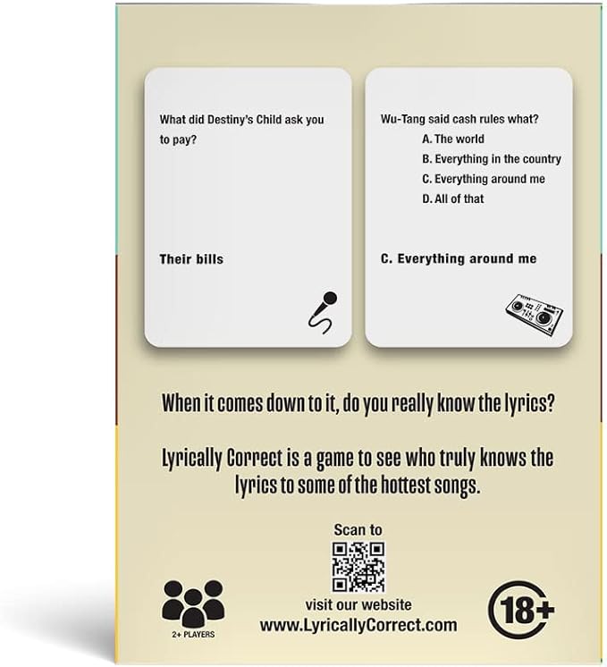 Lyrically Correct '90s & 2000s Music Trivia Card Game - Hip Hop and R&B Edition - Finish The Lyrics Challenge, Fun for Adults, Party or Family Night
