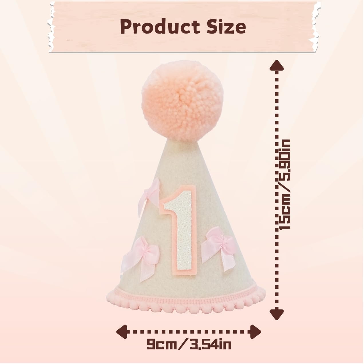First Birthday Party Hat for Girls, Felt Cone with Pink Pom Pom, White Number 1, Pink Bows