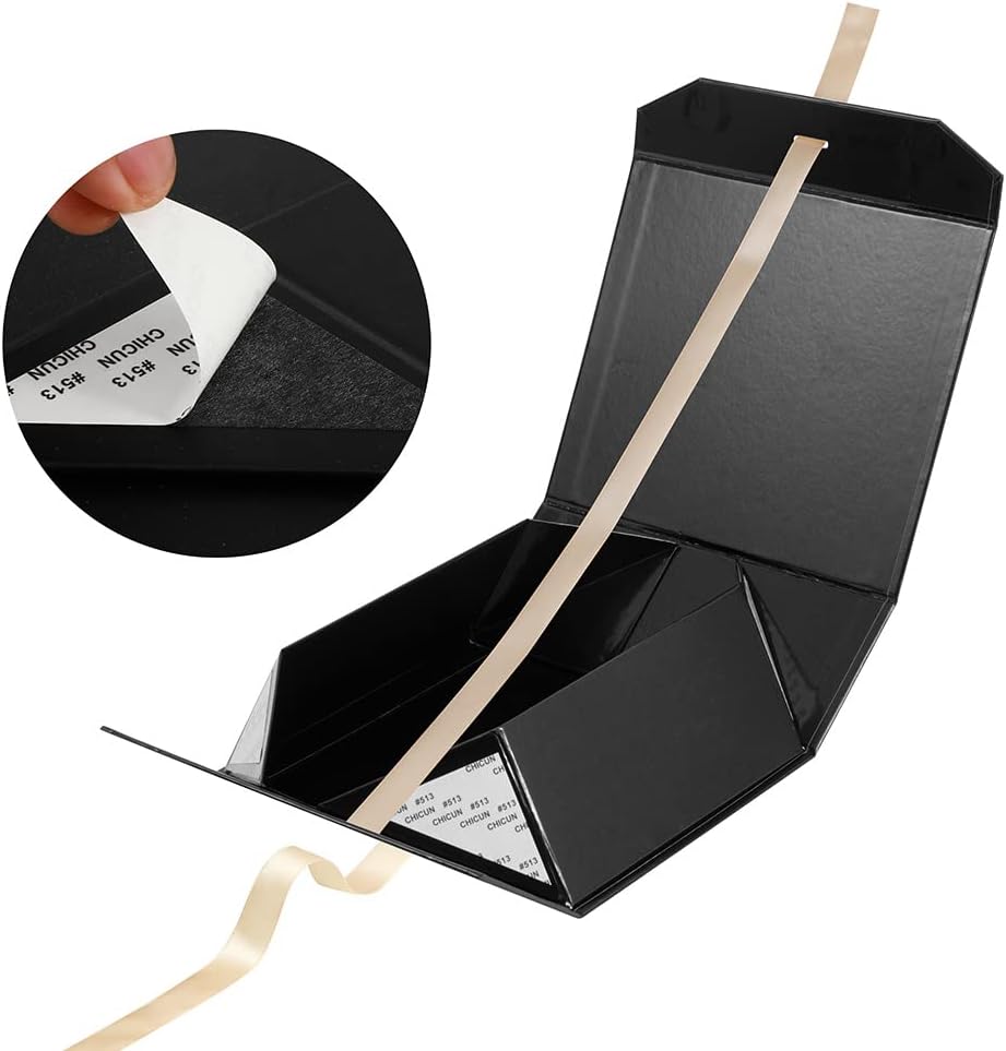 Black Gift Boxes 8x7x3.3 Inches, Luxury Gift Boxes with Ribbon, Empty Gift Boxes with Lid Magnetic Closure, Groomsman Boxes, Wedding (Glossy Black)