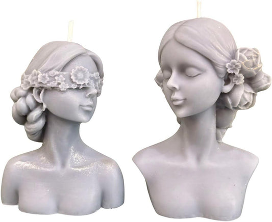 Handmade Bust Candle – Elegant Goddess Sculpture Candle – Decorative Home Décor & Unique Gift (Closed Eyes, Gray)