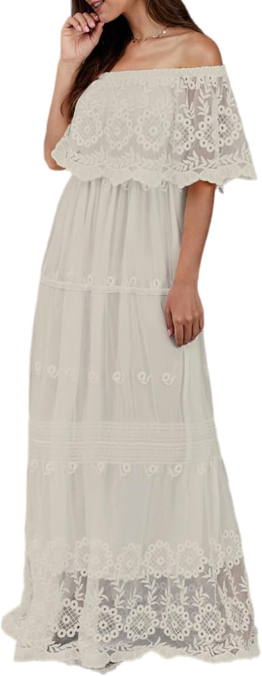 HOYISHION Women's Off The Shoulder Floral Lace Maxi Dress White Bridesmaid Wedding Party Maternity Photoshoot Long Dresses