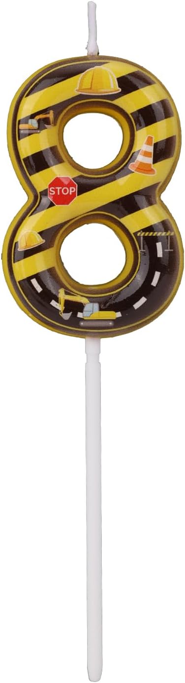 Construction Birthday Number Candles, Yellow & Black Striped Cake Topper Building Theme Party Decorations for Graduation Anniversary Celebration (Number 8)