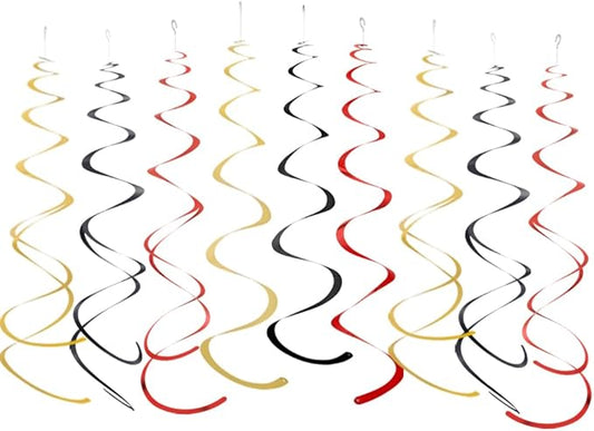 MOWO Gold Black and Red Foil Swirl Hanging Decoration Streamer for Birthday Graduation Retirement New Year Valentine's Day Theme Party, Pack of 21