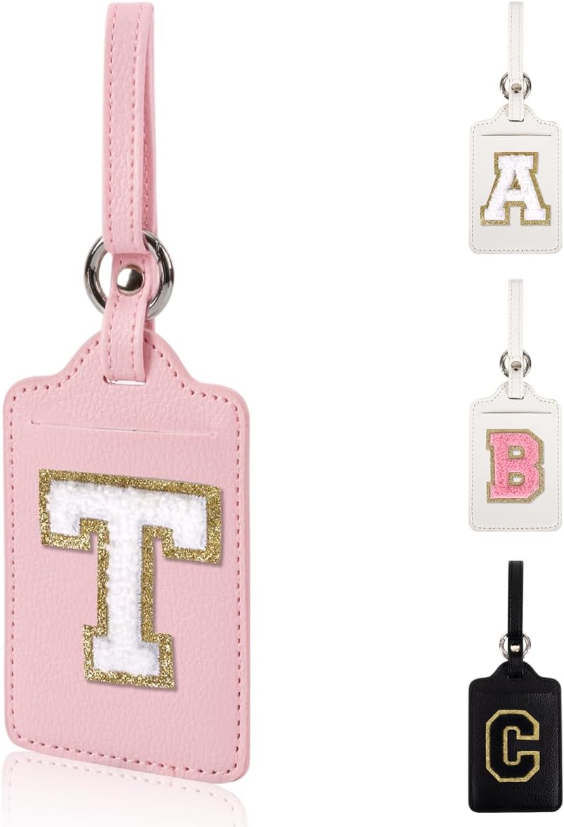 Personalized Initial Luggage Tags for Suitcases, Leather Chenille Letter Cute Luggage Tags with Privacy Name Card, Embroidered Travel Bag Backpack Tags Gifts for Women Kids Girls Teens(Pink-T)