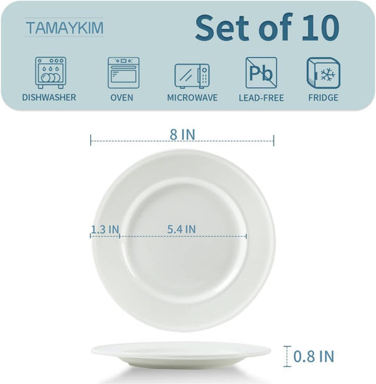 TAMAYKIM 10 Pieces 8 Inch Porcelain Salad Plates, Wide Rim Appetizer Dessert Plates, Round Dinnerware Sets, Scratch Resistant, Microwave, Oven, and Dishwasher Safe, White