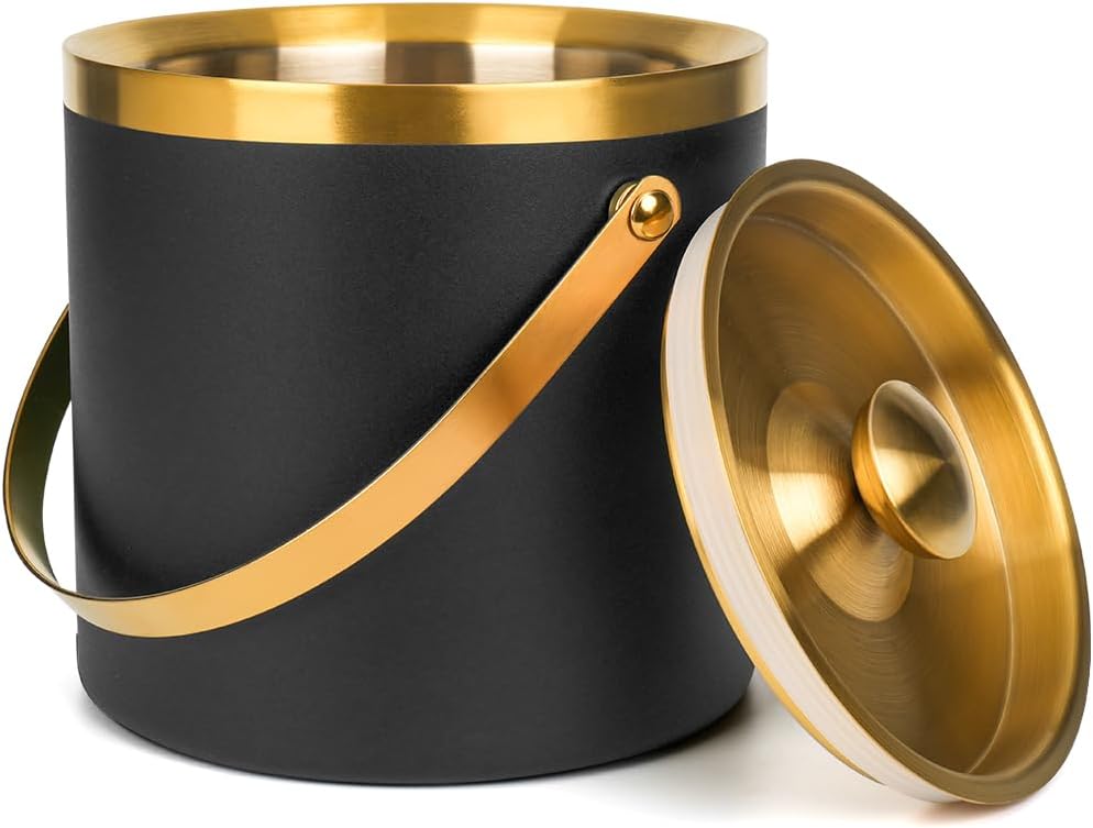 3L Double-Wall Insulated Stainless Steel Ice Bucket with scoop for Cocktail Bar - Metal Ice Bucket for freezer with Lid for parties,ice holder,champagne bucket,bar cart accessories (black)