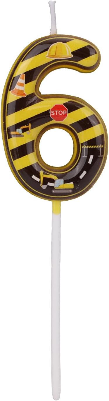 Construction Birthday Number Candles, Yellow & Black Striped Cake Topper Building Theme Party Decorations for Graduation Anniversary Celebration (Number 6)