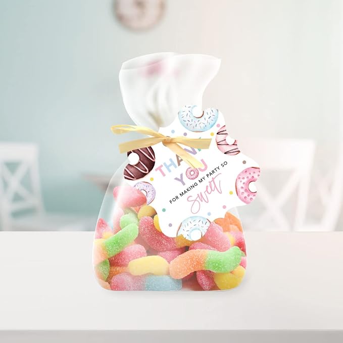 Andaz Press Fancy Frame Kids Party Favor Thank You Tags with String, 48-Pack Donut Birthday Gift Tags for Gift Bags, Favor Bags, Goody Bags, Girls & Boys, Gender-Neutral 1st Birthday Party Favors