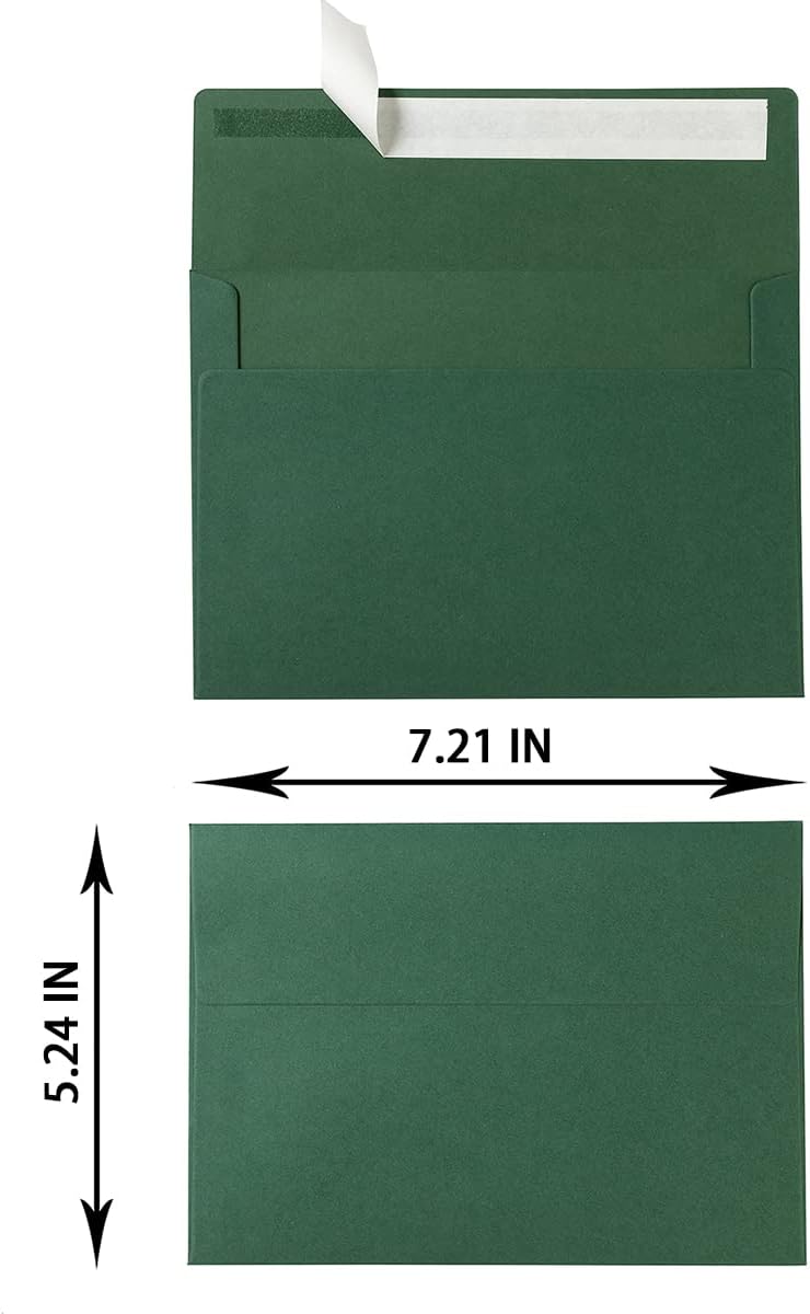 50 Pack 5 x 7 Envelopes Colored Self Seal for Wedding, Party Invitations, Greeting Cards, Announcements, Photos, 5.24 x 7.21 Inches (Dark Green)