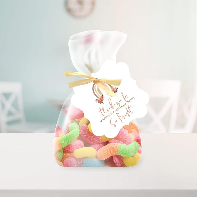 Andaz Press Fancy Frame Kids Party Favor Thank You Tags with String, 48-Pack Boho Rainbow Birthday Gift Tags for Gift Bags, Favor Bags, Goody Bags, Girls Boho Birthday, 1st Birthday Party Favors