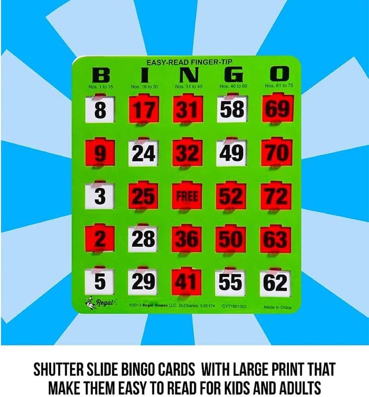 Regal Bingo - Shutter Slide Bingo Cards Only - 8” x 9” - 5-Ply Green Cardstock - Easy to Read - No Duplicates - Red Sliding Windows - Perfect for Large Groups, Bulk Purchasing