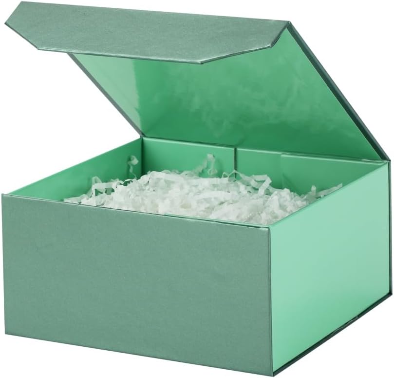 6 Pcs Small Green Gift Box 8x8x4 Inch Magnetic Gift Box Small Magnetic Box with Crinkle Paper Green Small Gift Box with Shredded Paper Luxury Gift Boxes with Lids for Presents