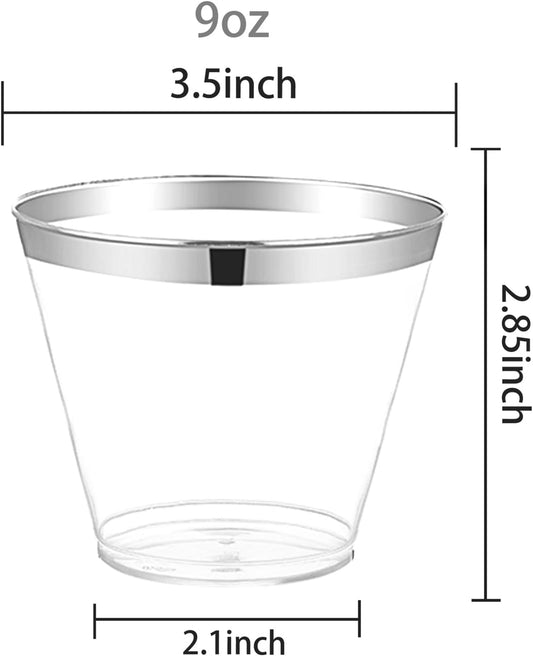 Nervure 120PCS Silver Plastic Cups - 9Oz Silver Rimmed Plastic Cups - Heavy Duty Plastic Cup with Silver Rim Perfect for Weddings, Receptions & Parties