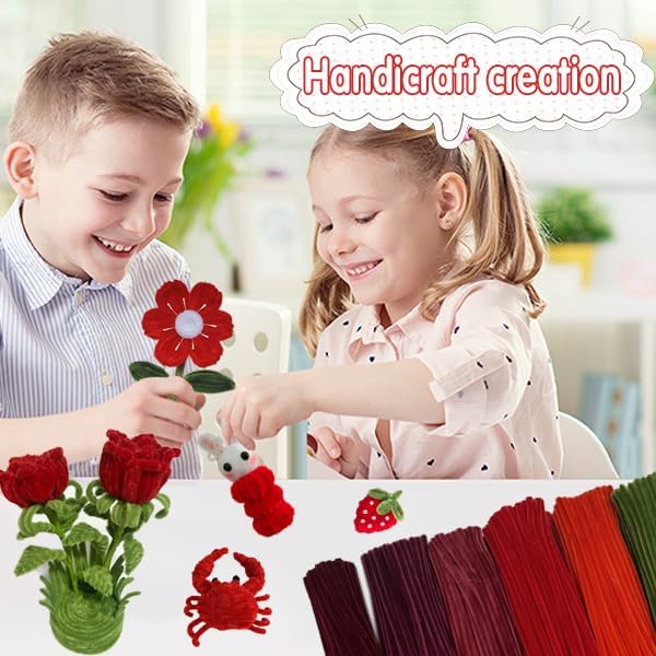 620 Pieces Red Pipe Cleaners Craft Set, 600 Pcs Plum Chenille Stems with 20 Pcs Flower Stems, Craft Supplies Bulk for DIY Art and Craft Projects Creative Gift Wrapping Party Decorations(Red Series)