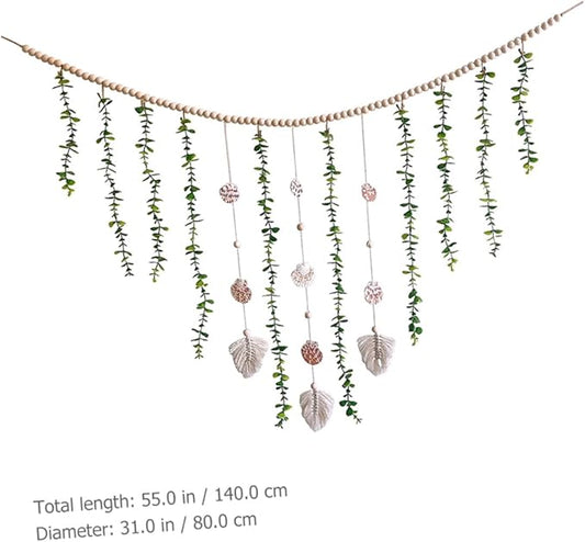 Lurrose Boho Wooden Bead Garland with Simulated Eucalyptus Leaves Rustic Farmhouse Hanging Wall Decor for Bedroom Living Nursery Pastoral Style Vines Decoration