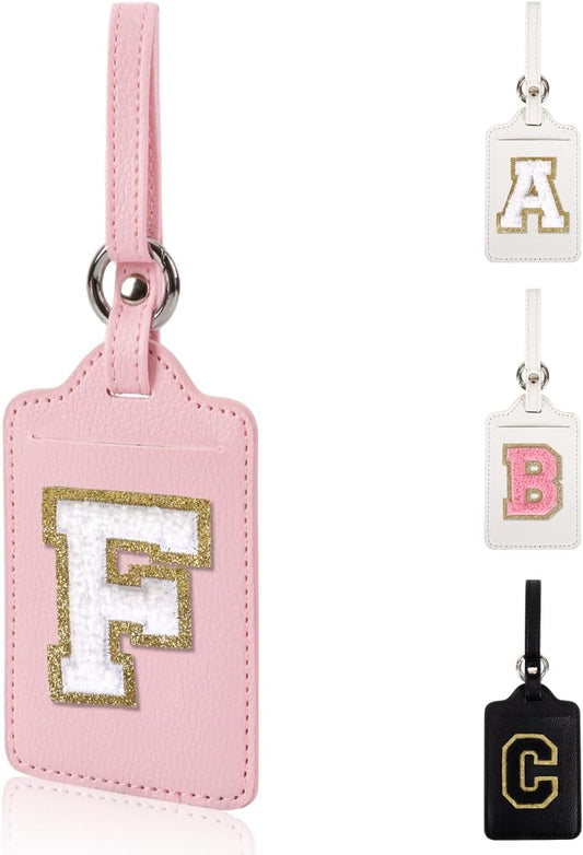 Personalized Initial Luggage Tags for Suitcases, Leather Chenille Letter Cute Luggage Tags with Privacy Name Card, Embroidered Travel Bag Backpack Tags Gifts for Women Kids Girls Teens(Pink-F)