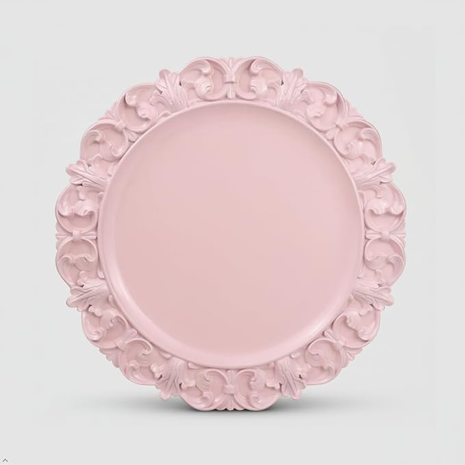 13" Pink Charger Plates, Set of 6 Plastic Textured Chargers for Dinner Plates with Embossed Rim, Table Décor, Party, Wedding, Holiday