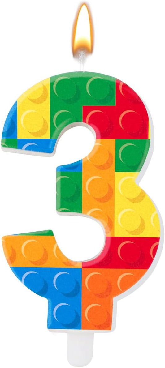 Building Block Themed Birthday Candle Number 3 Candle Birthday Party Decoration Cake Topper for Building Block Party Decoration Theme Parties Supplies (Number 3)
