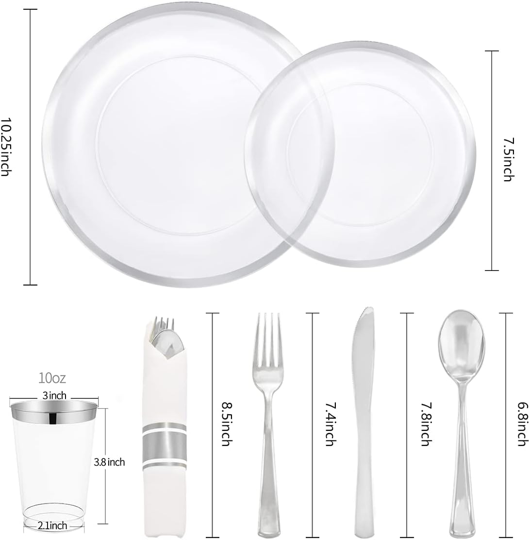 LIYH 210 Pcs Rolled Plastic Silverware Dinnerware Sets - Clear Disposable Heavyduty Plastic Disposable Plates for Wedding Party Silver Rimmed Cups 30 Guests