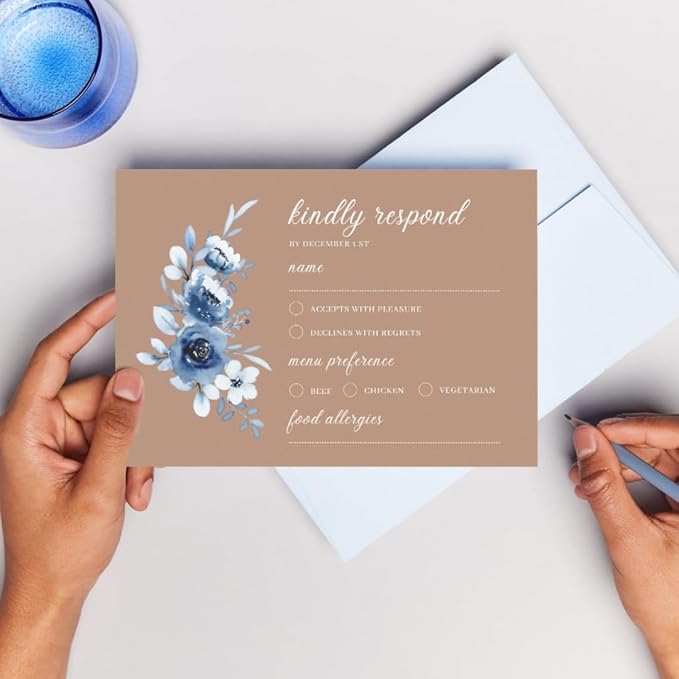 crafty-bell Glossy Finish Personalized Wedding RSVP Response Cards with White Envelopes, Blue Floral Design, 15 Count Respond Cards in Glossy Finish (Brown)
