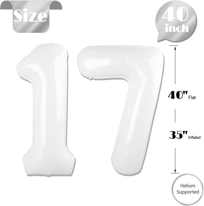 White Number 17 Balloon 40 inch, 17 Number Balloons, 17th White Birthday Decorations for Girls Boys 17 Year Old Party Supplies