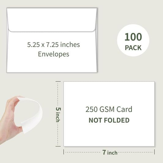 100 Pack Unfolded Blank Cards and Envelopes 5x7, Creebe 5 x 7 Flat Cardstock with A7 Envelopes Self Seal, Blank Note Cards for Wedding, Invitations, DIY Postcards, Thank You Card