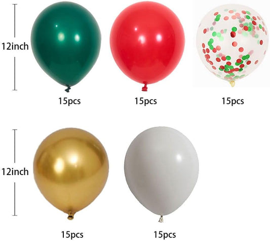 75pcs Christmas Balloons Red Green White Metallic Gold Confetti 12 Inch Latex Balloons for Christmas Birthday Party Decorations