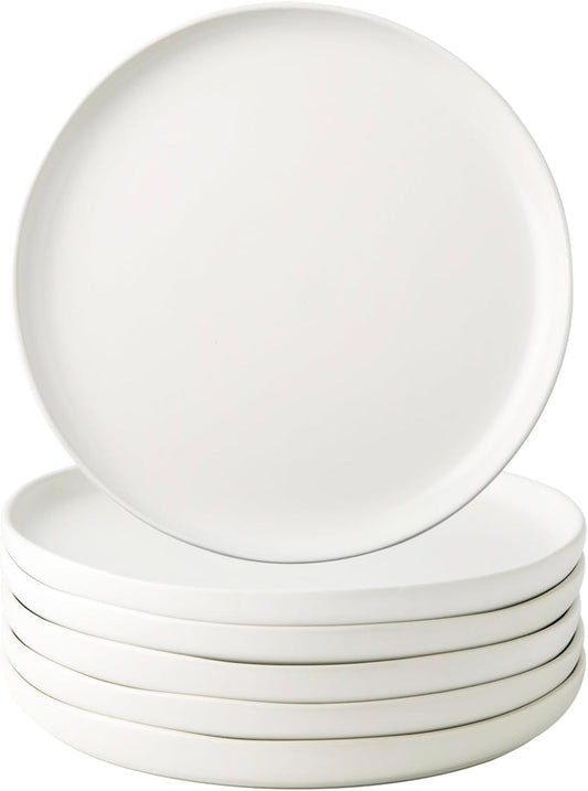 AmorArc Ceramic Dinner Salad Plates Set of 6, Wavy Rim 8.5 Inch Dish Set, The Dessert,Salad, Appetizer, Small Dinner etc Plate,Microwave, Dishwasher Safe, Scratch Resistant - Matte White
