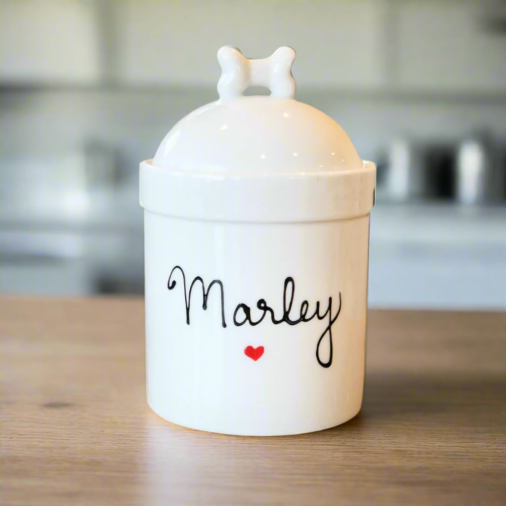 Large Size Personalized Dog Treat Jar and Canister Personalized with Name, Airtight Dog Treat Container with Silicone Seal and bone Lid, Cute Ceramic Dog Treat Jars for Kitchen Counter, White