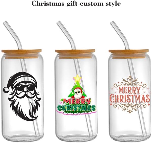 Personalized Mason Jar Drinking Glasses with Bamboo Lid and Straw, 11.6 oz, Wedding and Christmas Custom Designs (6, 16.9oz)