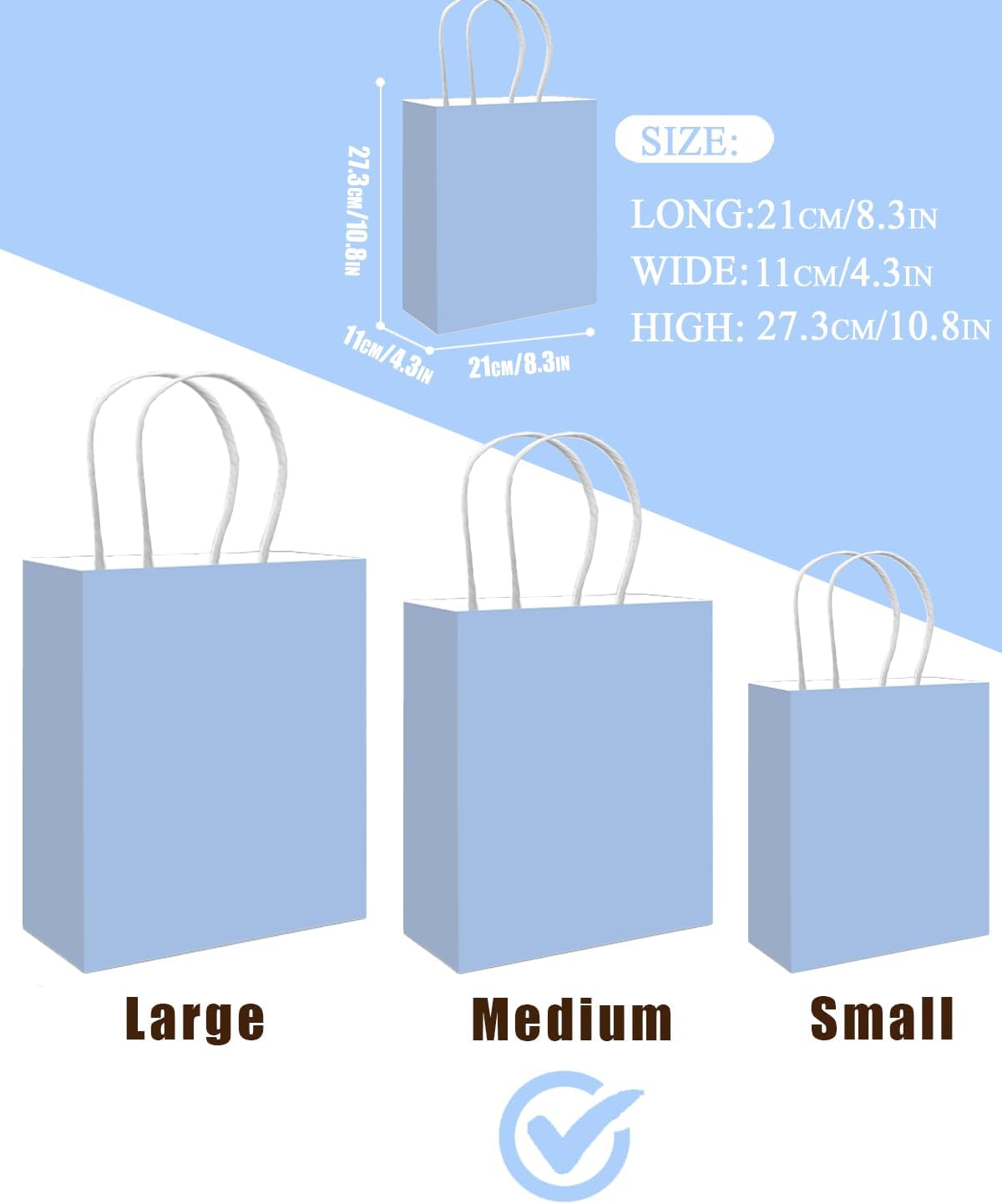 qiqee 50-Packs Light Blue Paper Gift Bags with Handles Bulk 11"x8.3"x4.3" Medium Size Paper Bags Multiple Uses