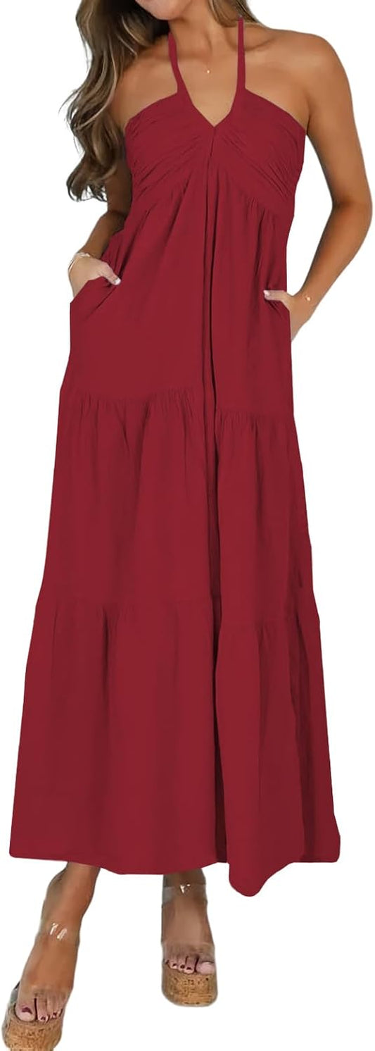 Women's Casual Halter Tiered Vacation Maxi Dress with Pockets
