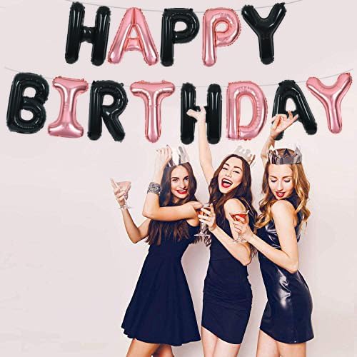 TONIFUL Black Rose Gold Happy Birthday Balloons Banner 16 Inch Mylar Foil Letters Birthday Sign Banner Bunting Reusable for Girls Boys Kids & Adults Birthday Decorations and Halloween Party Supplies