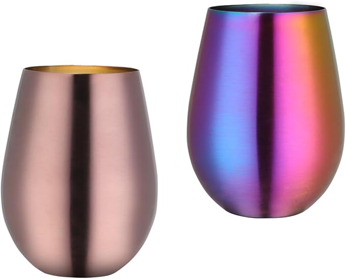 Buyer Star 304 Stainless Steel Wine Glasses Set of 2 - Large 17 oz Outdoor Stemless Wine Tumblers - 100% Unbreakable & Stemless Metal Drinking Cups for Home and Outdoors (RoseGold&Rainbow)