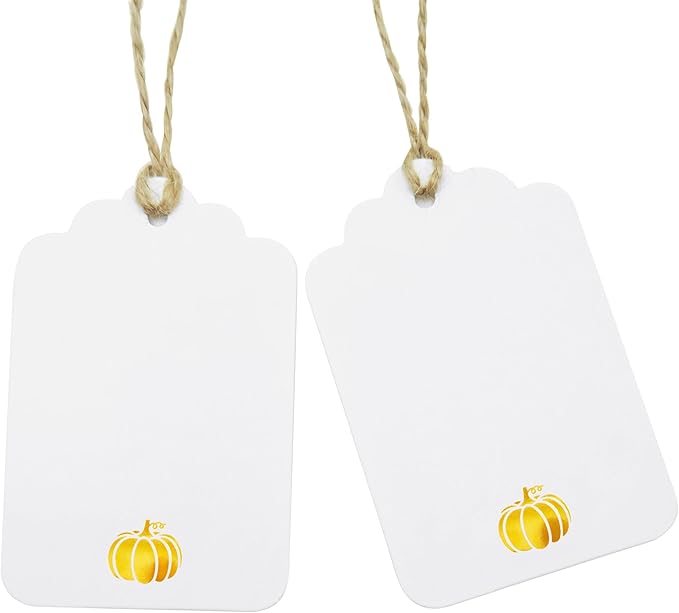 ASYEHJNR 100 Pcs Blank Gift Tags with String Gold Foil Pumpkin Large White Paper Gift Tags with 65 Ft Jute Twine Cute Tags for Halloween Autumn Fall Harvest Thanksgiving Gift Wrap Tags