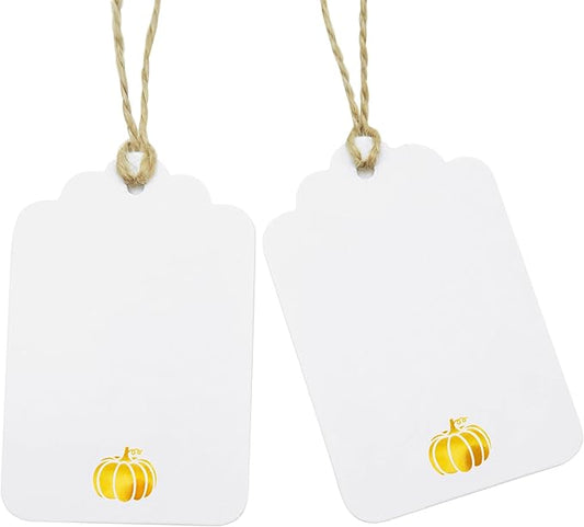 ASYEHJNR 100 Pcs Blank Gift Tags with String Gold Foil Pumpkin Large White Paper Gift Tags with 65 Ft Jute Twine Cute Tags for Halloween Autumn Fall Harvest Thanksgiving Gift Wrap Tags